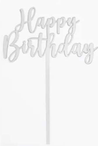Happy Birthday Acrylic Cake Topper - Silver Classic